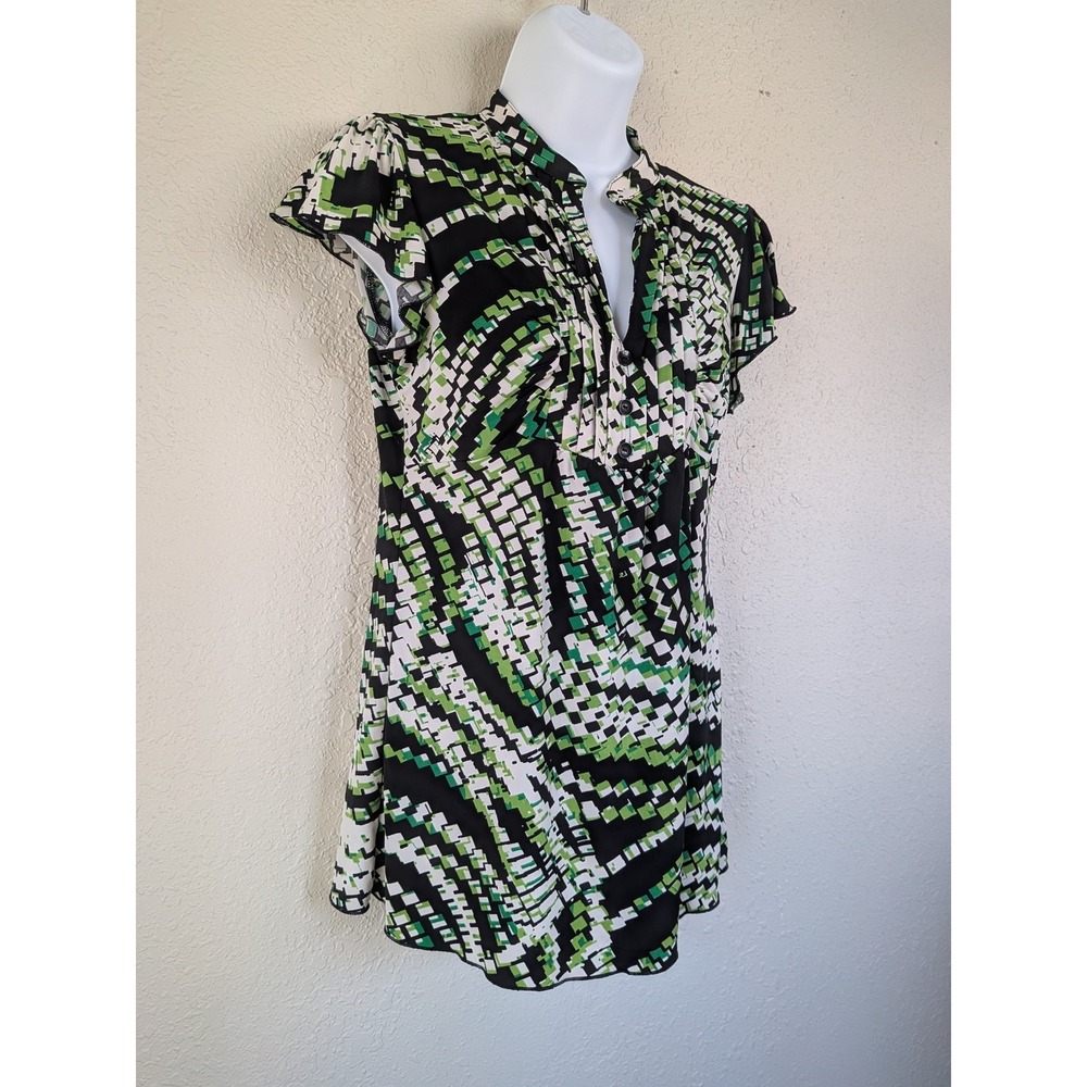 Maurices Babydoll Womens Small Green‎ Black Geometric Ruffle Sleeve Stretch y2k